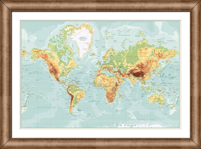 Картины в рамке, багете Physical map of the world in English