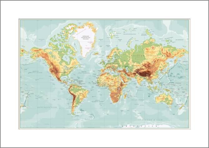 Paintings, photos from Passepartout Physical map of the world in English