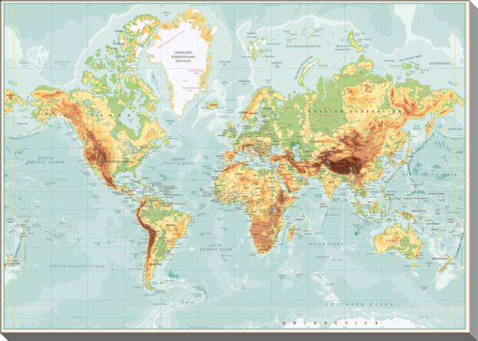 Купить и печать на заказ Картины на пластике, пеноркартоне Физическая карта мира на английском 