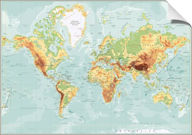 Купить и печать на заказ Картины на холсте Физическая карта мира на английском 
