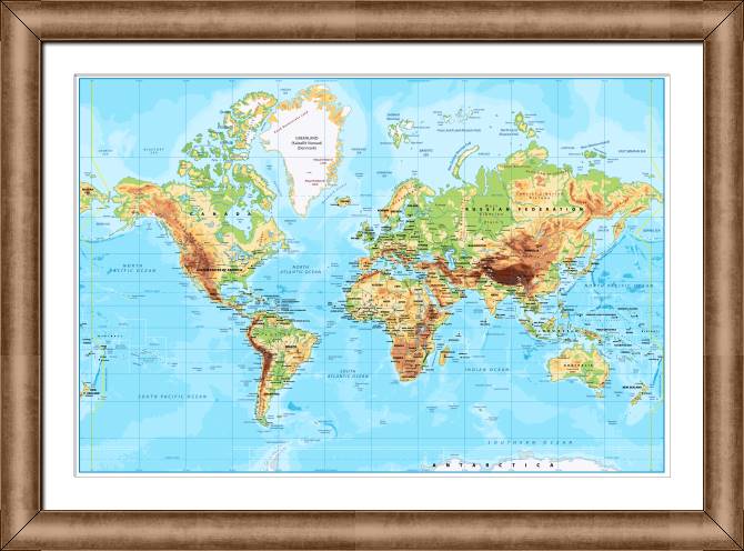 Paintings on canvas Physical map of the world in English bright