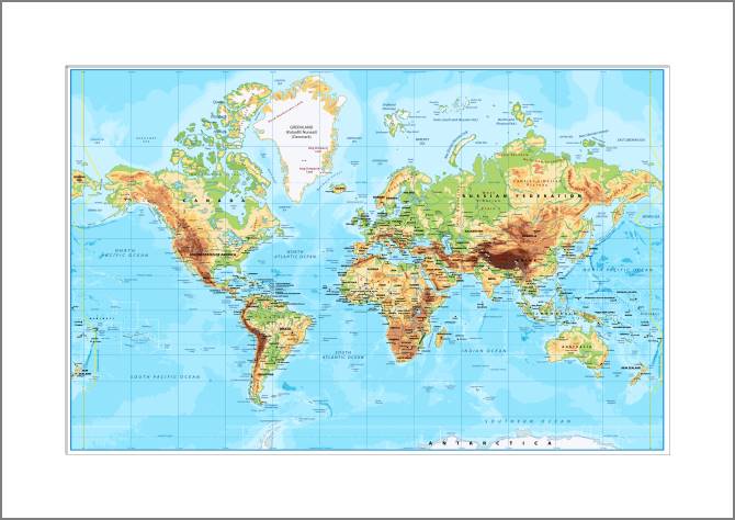 Paintings, photos from Passepartout Physical map of the world in English bright