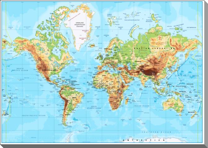 Купить и печать на заказ Картины на пластике, пеноркартоне Физическая карта мира на английском яркая