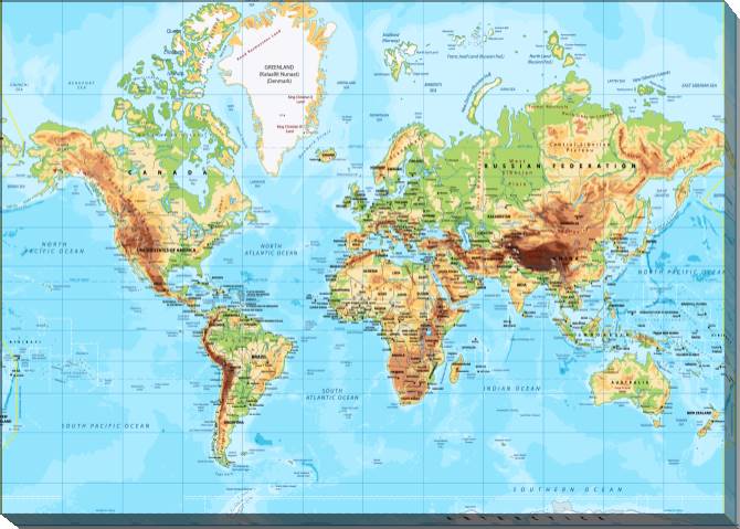 Купить и печать на заказ Картины на холсте Физическая карта мира на английском яркая