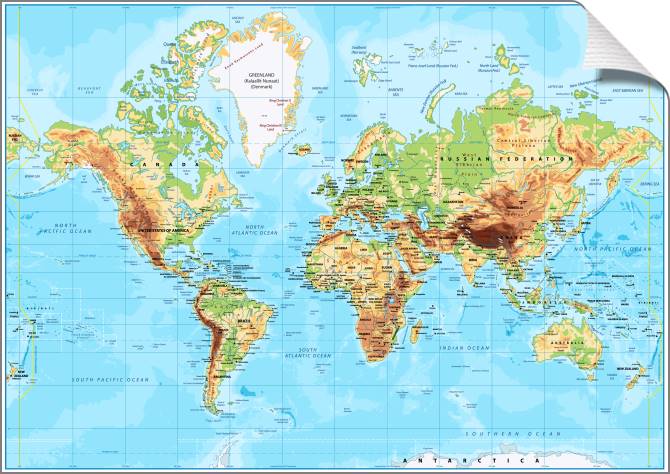 Купить и печать на заказ Картины на холсте Физическая карта мира на английском яркая