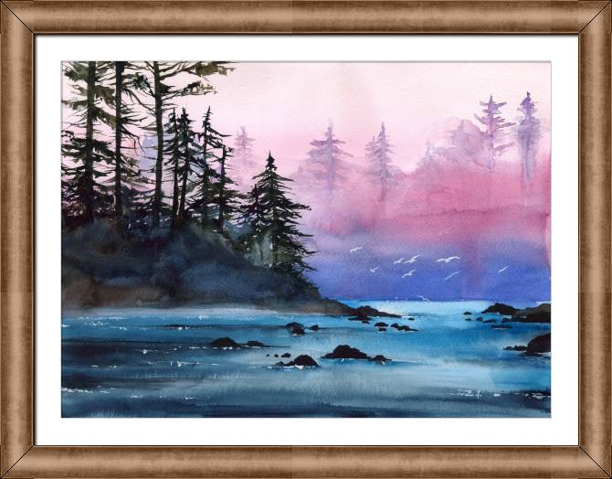 Paintings on canvas Watercolor landscape with foggy river