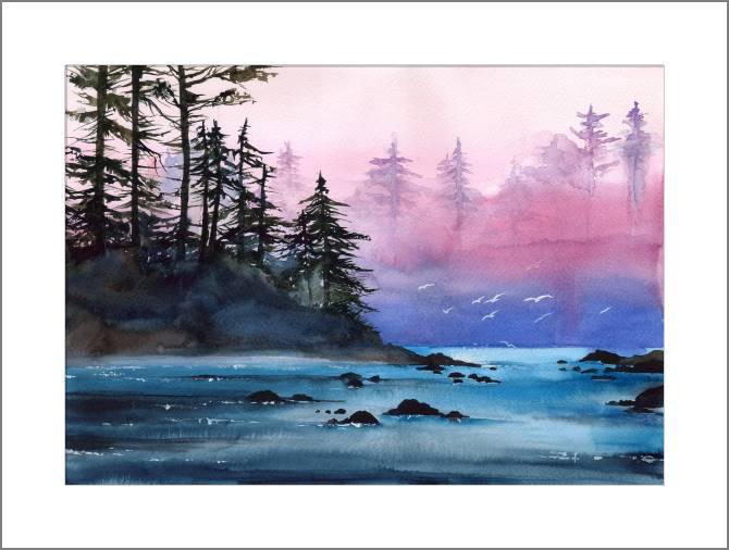 Картины, фото с паспарту Watercolor landscape with foggy river