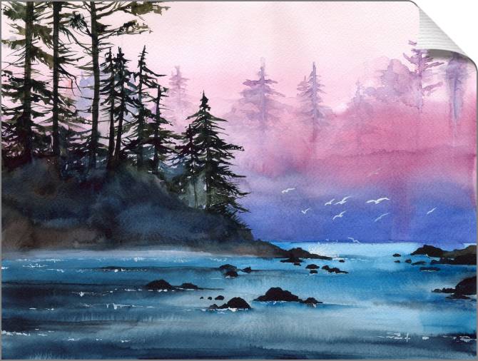 Купить и печать на заказ Картины на холсте Акварельный пейзаж с туманной рекой