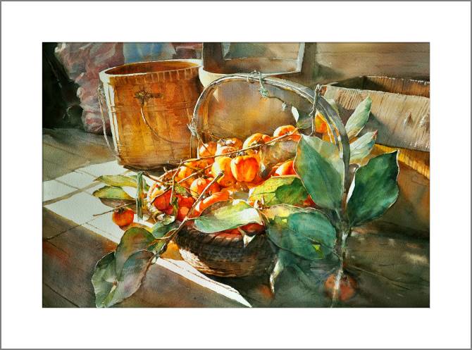 Картины, фото с паспарту Sunny watercolor still life with persimmon