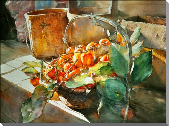 Купить и печать на заказ Картины на пластике, пеноркартоне Солнечный акварельный натюрморт с хурмой