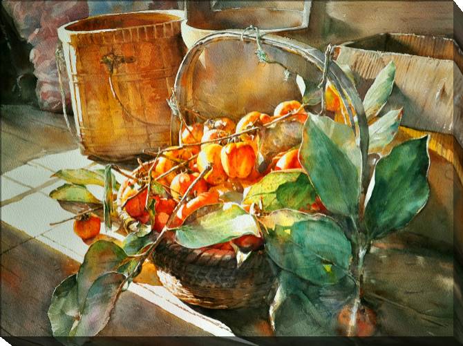 Купить и печать на заказ Картины на холсте Солнечный акварельный натюрморт с хурмой