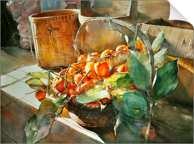 Купить и печать на заказ Картины на холсте Солнечный акварельный натюрморт с хурмой