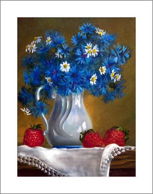 Картины, фото с паспарту Bouquet of cornflowers and chamomiles