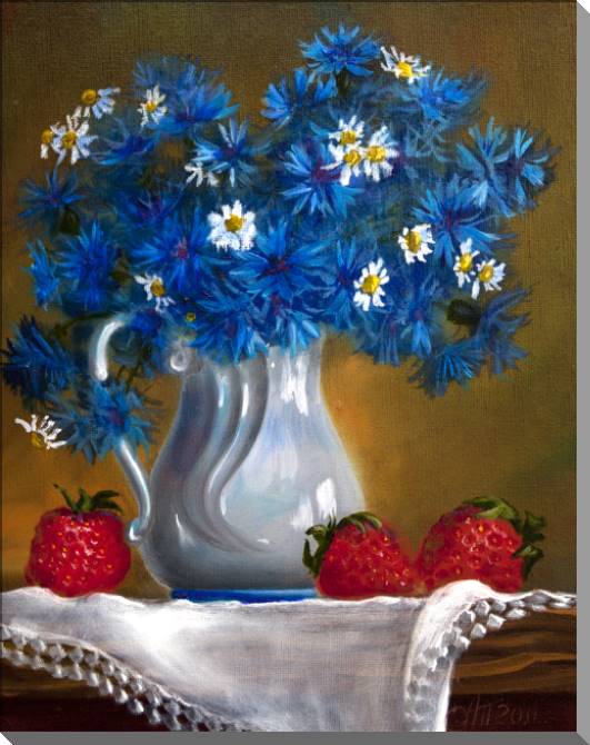 Купить и печать на заказ Картины на пластике, пеноркартоне Букет из васильков и ромашек