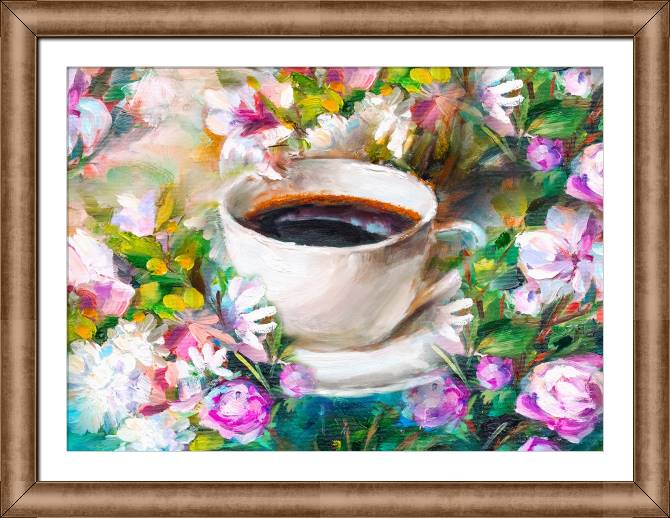 Paintings on canvas Cup of coffee on a background of flowers