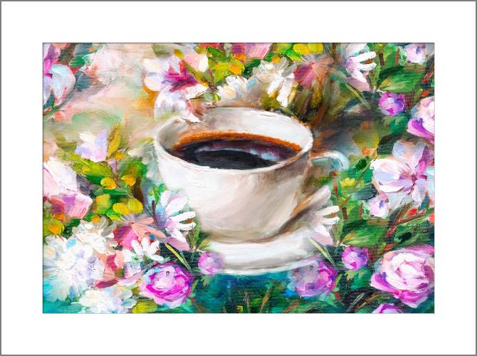 Картины, фото с паспарту Cup of coffee on a background of flowers