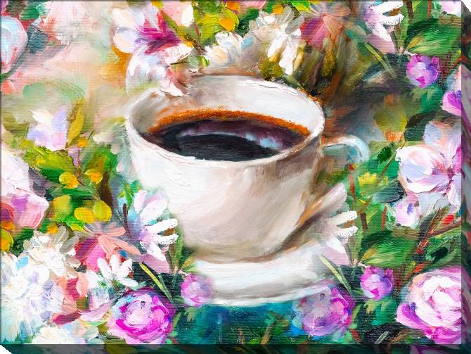 Картины на холсте Cup of coffee on a background of flowers