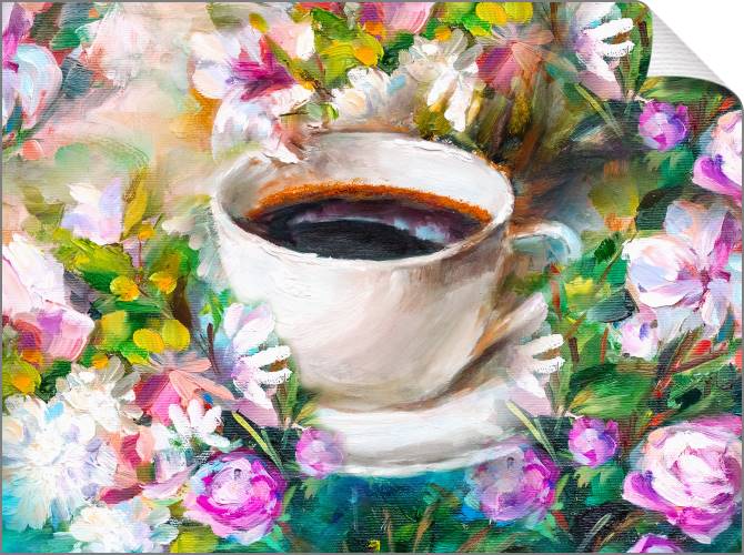 Купить и печать на заказ Картины на холсте Чашка кофе на фоне цветов