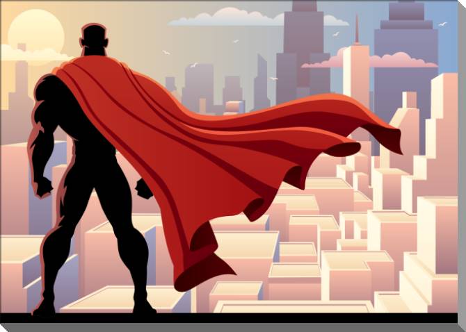 Купить и печать на заказ Картины на пластике, пеноркартоне Супергерой смотрит на город