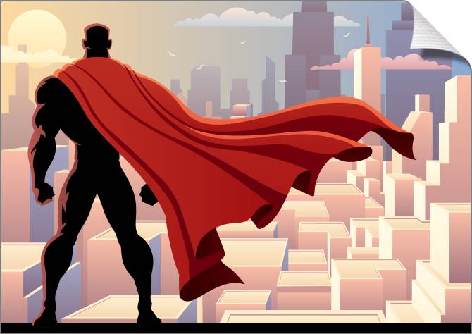 Купить и печать на заказ Картины на холсте Супергерой смотрит на город