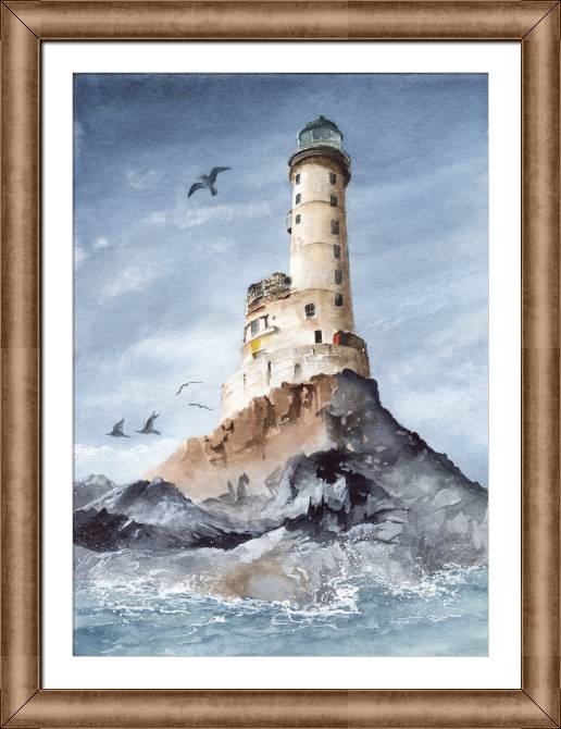 Купить и печать на заказ Репродукции картин Акварельная живопись маяк на скалистом берегу