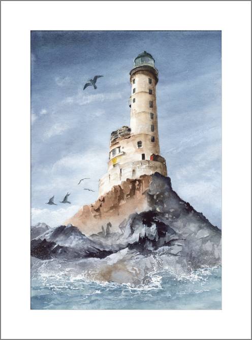 Картины, фото с паспарту Watercolor painting a lighthouse on a rocky shore