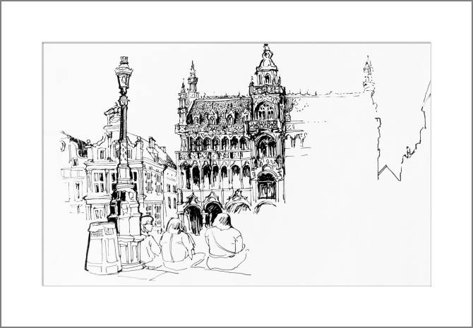 Картины, фото с паспарту The main square in Brussels sketch