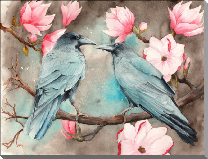 Купить и печать на заказ Картины на пластике, пеноркартоне Два ворона на ветвях магнолии