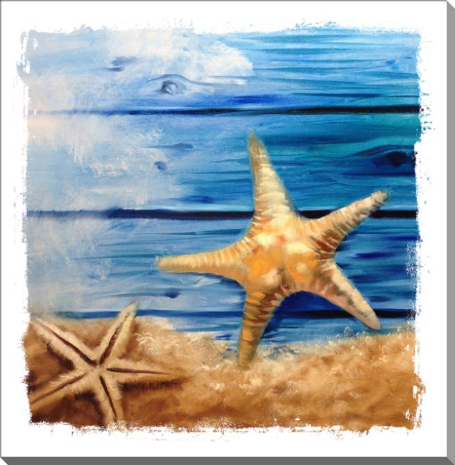 Купить и печать на заказ Картины на пластике, пеноркартоне Морские звезды на голубых досках