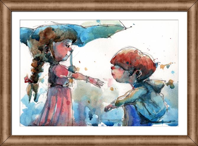 Paintings on canvas Illustration of a boy and girl in the rain