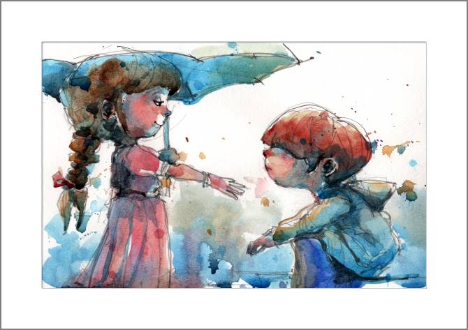 Paintings, photos from Passepartout Illustration of a boy and girl in the rain