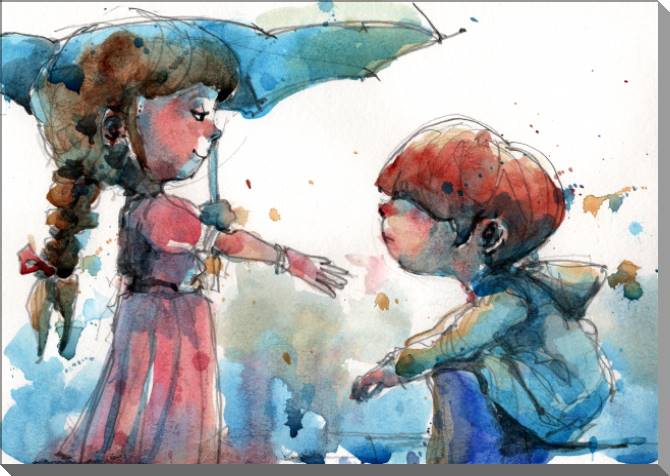 Купить и печать на заказ Картины на пластике, пеноркартоне Иллюстрация мальчик и девочка под дождем