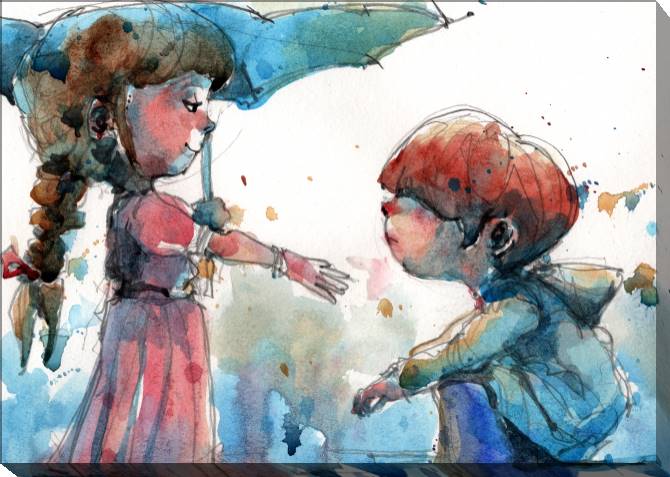 Картины на холсте Illustration of a boy and girl in the rain