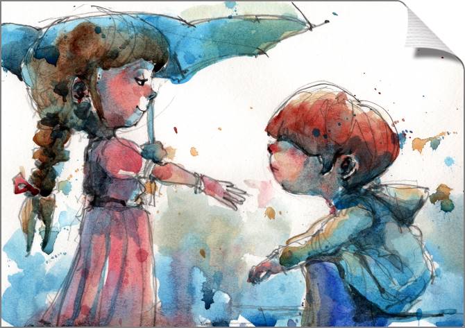 Купить и печать на заказ Картины на холсте Иллюстрация мальчик и девочка под дождем