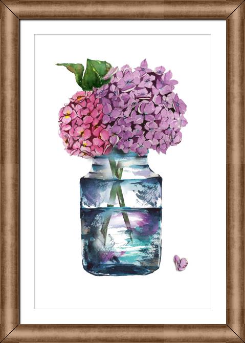 Купить и печать на заказ Картины на холсте Акварельные гортензии в стеклянной бутылке