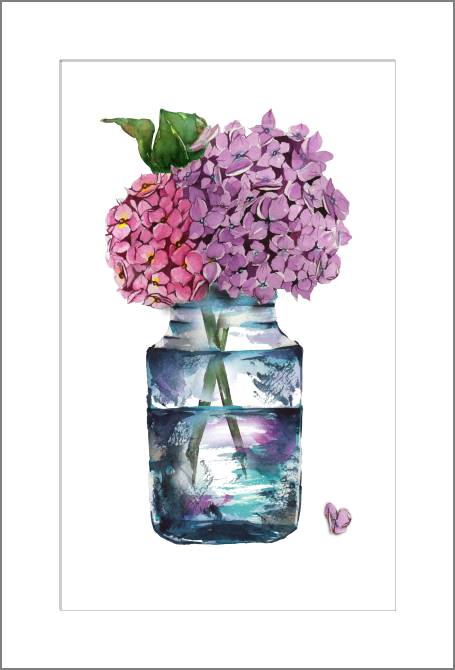 Картины, фото с паспарту Watercolor hydrangeas in a glass bottle