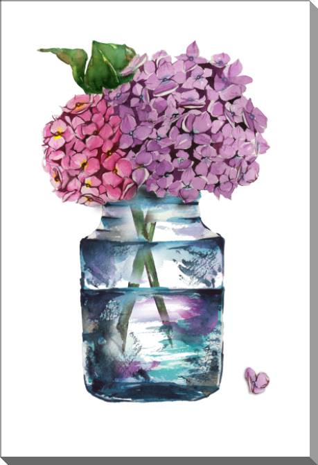 Купить и печать на заказ Картины на пластике, пеноркартоне Акварельные гортензии в стеклянной бутылке