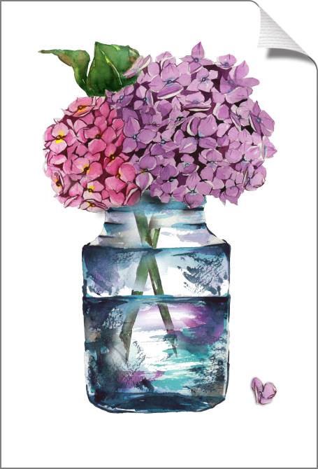 Купить и печать на заказ Картины на холсте Акварельные гортензии в стеклянной бутылке