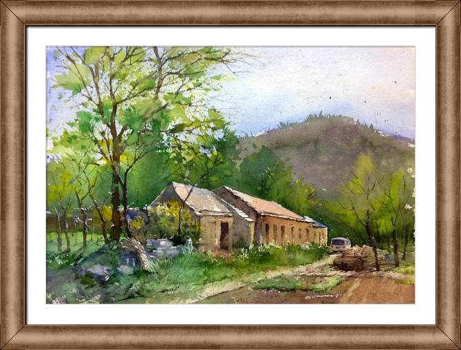 Купить и печать на заказ Картины на холсте Акварельный пейзаж с домами