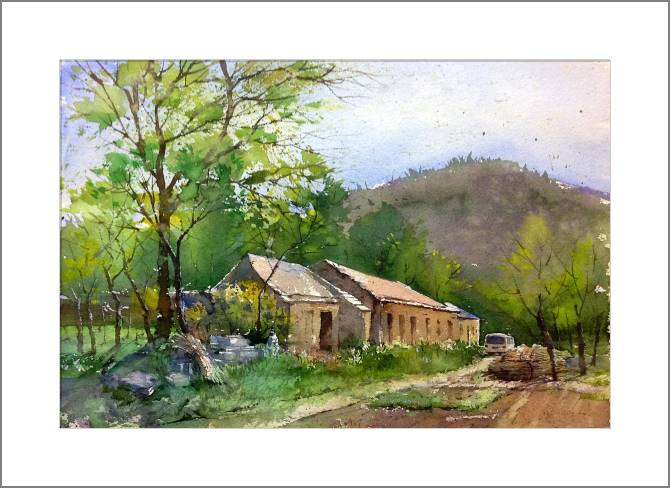 Картины, фото с паспарту Watercolor landscape with houses
