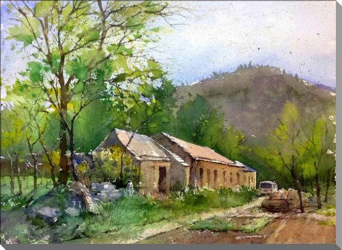 Купить и печать на заказ Картины на пластике, пеноркартоне Акварельный пейзаж с домами