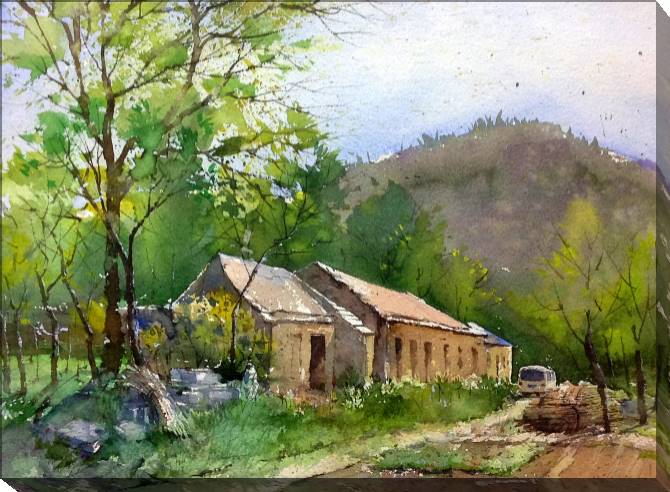 Купить и печать на заказ Картины на холсте Акварельный пейзаж с домами