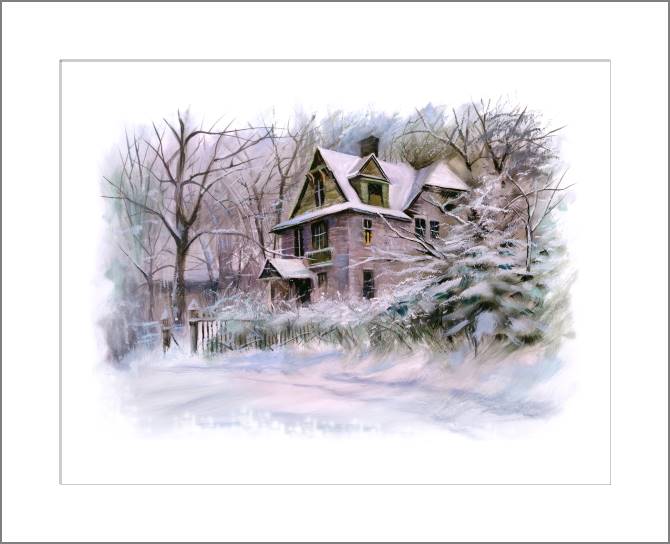 Купить и печать на заказ Картины, фото с паспарту Зимний пейзаж с домиком