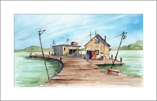 Купить и печать на заказ Картины, фото с паспарту Речной причал с рыбацкими сараями