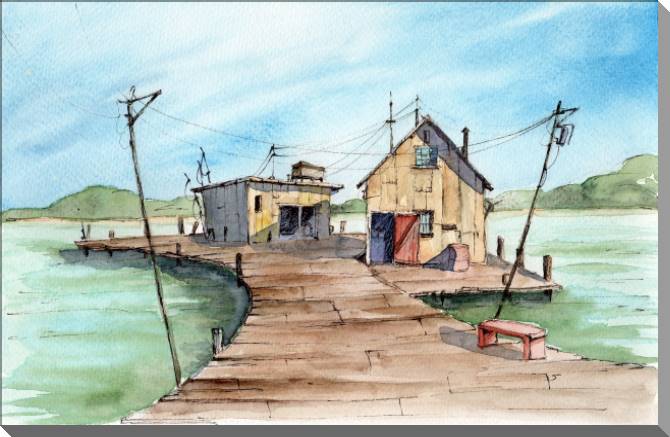 Купить и печать на заказ Картины на пластике, пеноркартоне Речной причал с рыбацкими сараями