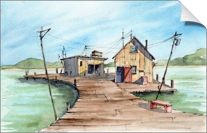 Купить и печать на заказ Картины на холсте Речной причал с рыбацкими сараями