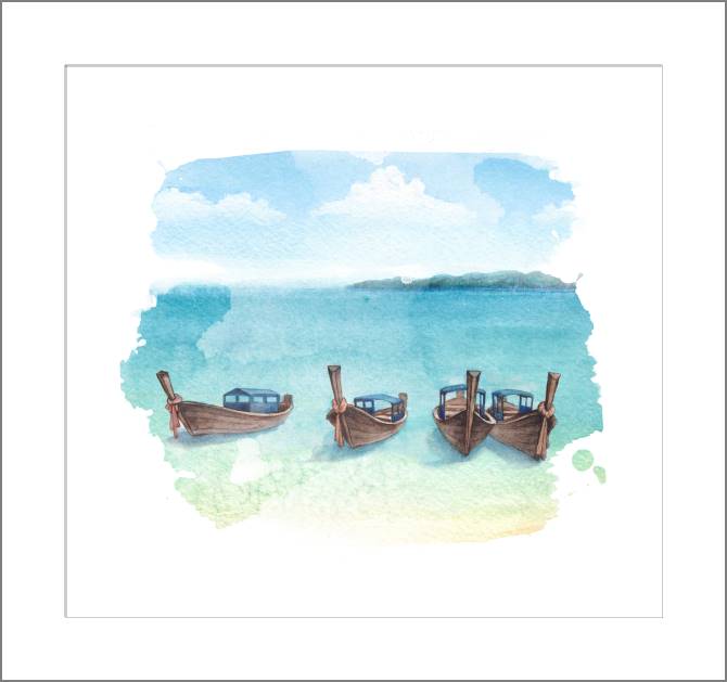Купить и печать на заказ Картины, фото с паспарту Четыре лодки у берега