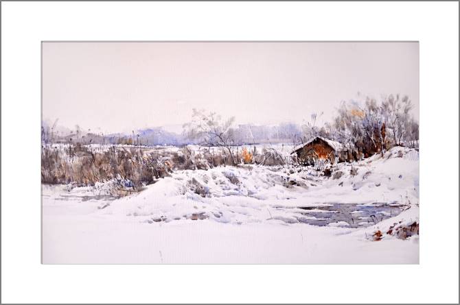 Купить и печать на заказ Картины, фото с паспарту Снежная сельская местность