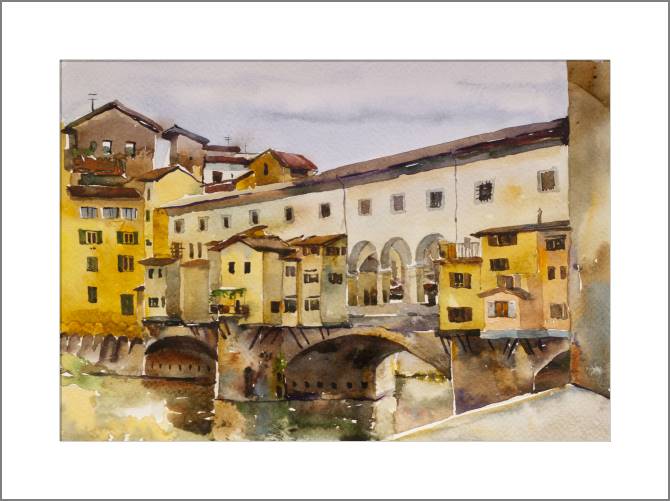 Купить и печать на заказ Картины, фото с паспарту Дождливый день на мосту Понте-Веккьо