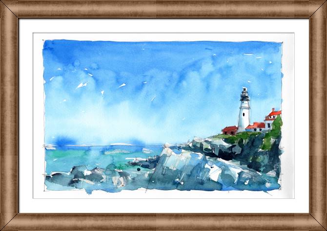 Купить и печать на заказ Репродукции картин Акварельный морской пейзаж с маяком